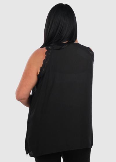 Karina Plus Size black thin shoulder straps top with lace inserts - back