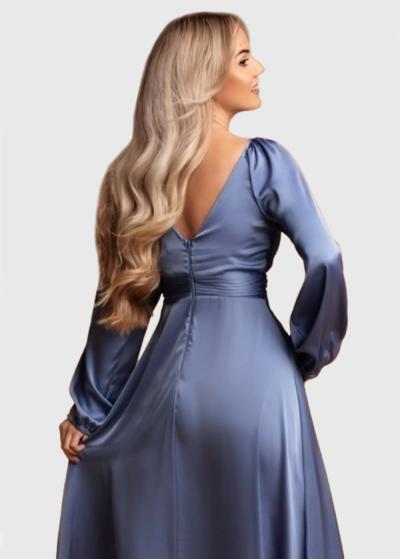 Sasha blue long evening dress with split - back