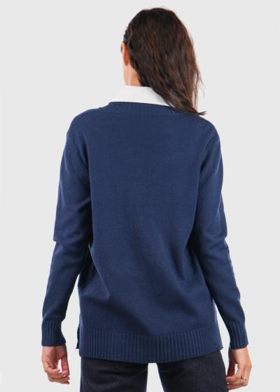 Kia dark blue sweater with white collar - back