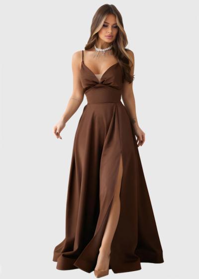 Esmeralda brown long evening dress with split - back