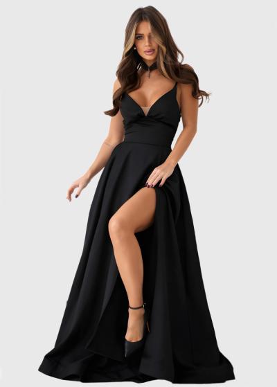 Esmeralda black long evening dress with split - back