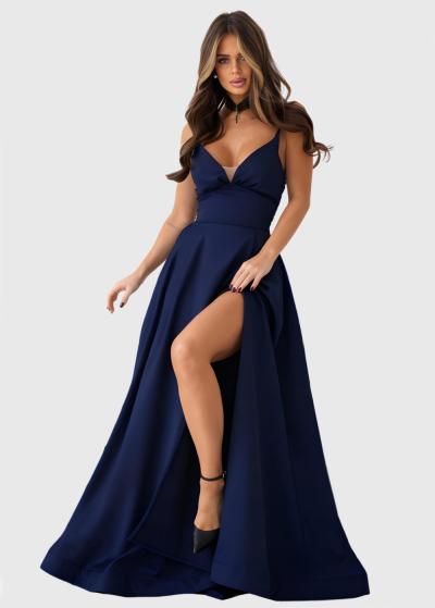 Esmeralda dark blue long evening dress with split - back