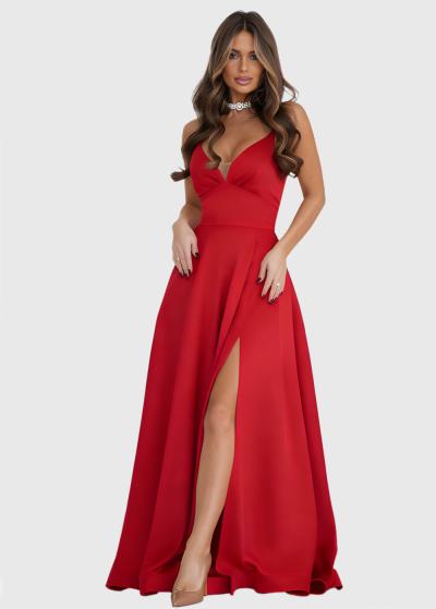 Esmeralda red long evening dress with split - back