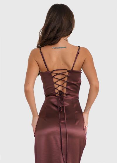 Lyn brown long evening dress with split - back