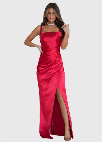 Lyn red long evening dress with split - back