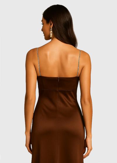 Hazel brown long evening dress with slit - back
