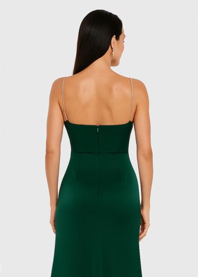 Hazel dark green long evening dress with slit - back