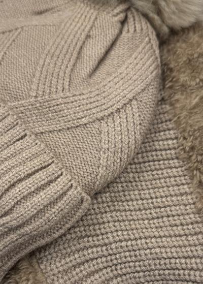 Evie dark beige scarf and pom pom hat - back