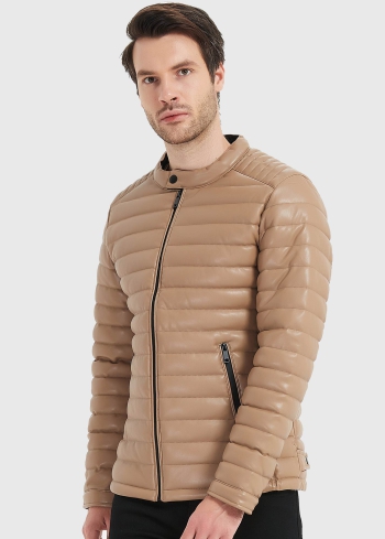 Beige men's quilted faux leather jacket - back
