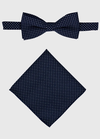 Men's dark blue polka dot bow tie and handkerchief - back
