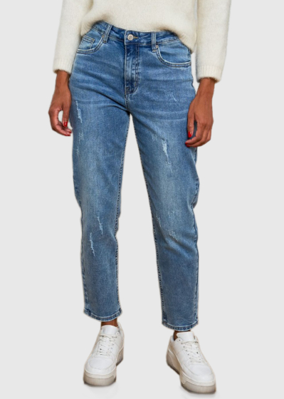 Cinthya Mom Fit синие женские джинсы с потертостями