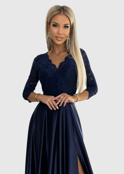 Edvige dark blue evening dress with slit