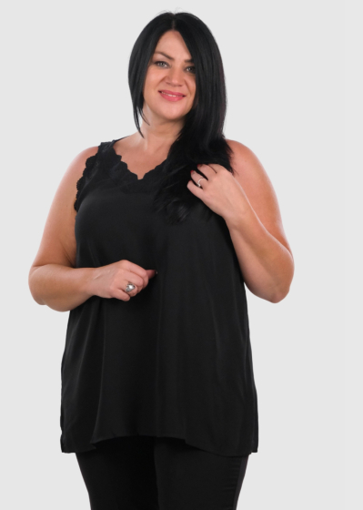 Karina Plus Size black thin shoulder straps top with lace inserts