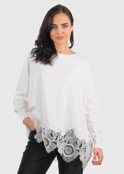 Catalina white sweater with lace trim