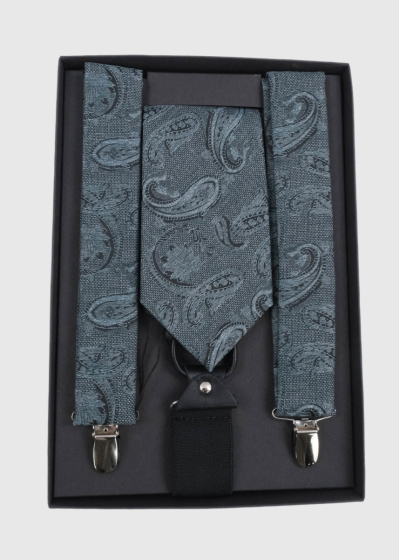 Green set of suspenders and tie with pattern