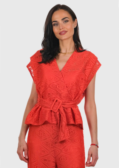 Barbara red lace blouse with belt