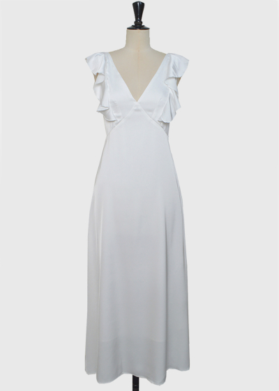 Velta white long evening dress with frill details