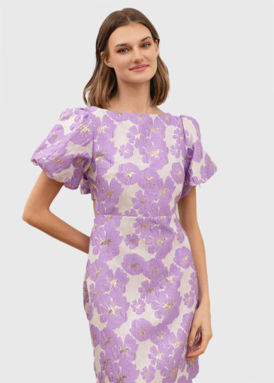 Raina purple short printed evening dress