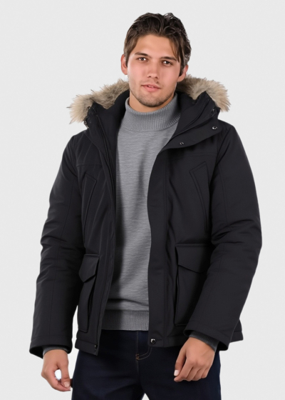 Black parka with patch pockets