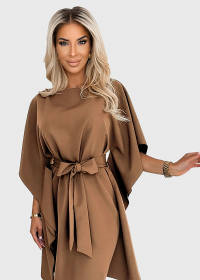 Agata light brown evening dress with belt