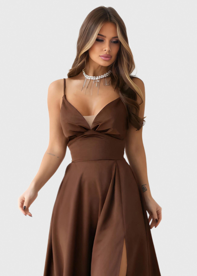 Esmeralda brown long evening dress with split