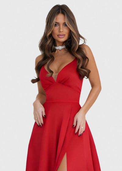 Esmeralda red long evening dress with split
