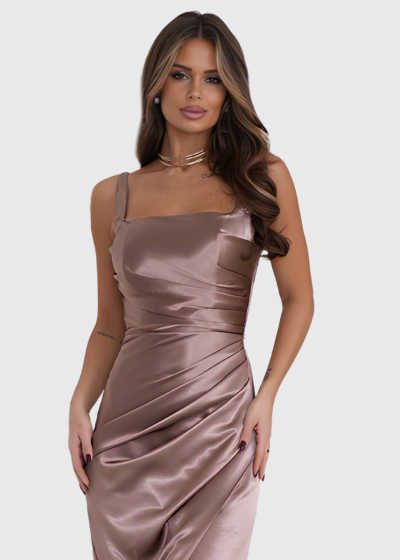 Lyn light brown long evening dress with split
