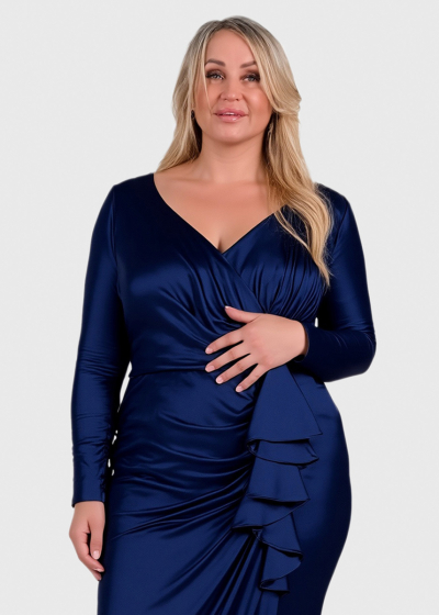 Gigi Plus Size dark blue long evening dress with slit