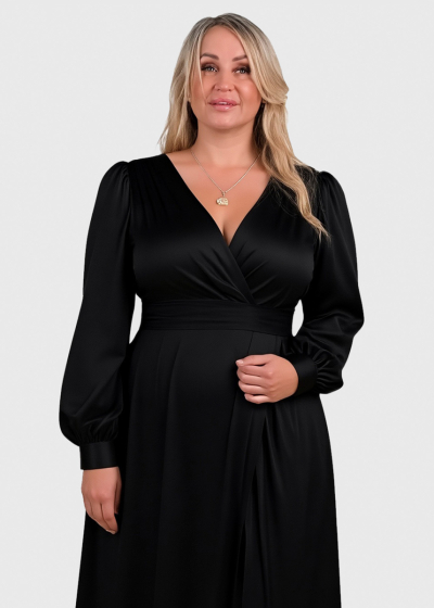 Sasha Plus Size black long evening dress with slit