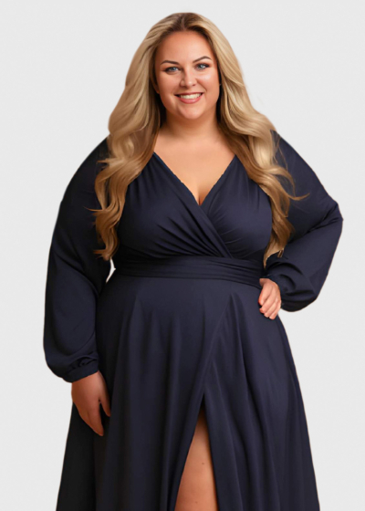 Sasha Plus Size dark blue long evening dress with slit