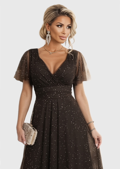 Jacqueline brown long sparkle evening dress 