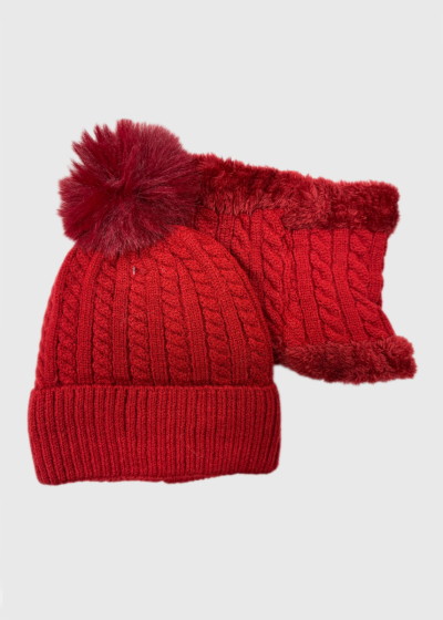 Heidi red braided knit scarf and hat