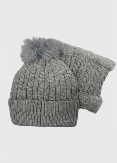 Heidi grey braided knit scarf and hat