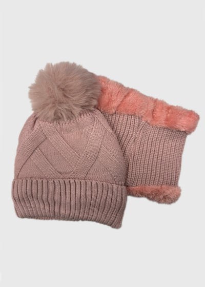 Evie pink scarf and pom pom hat
