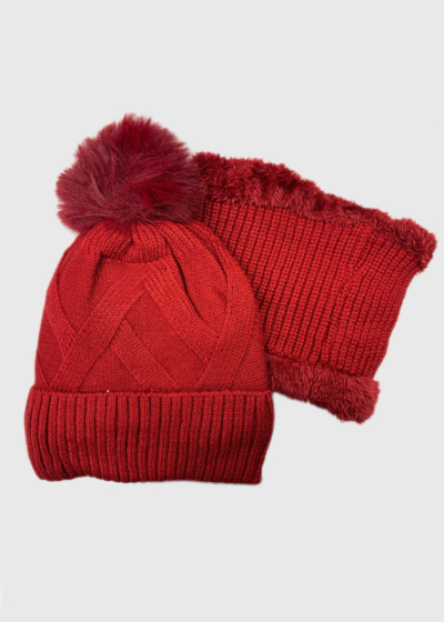 Evie red scarf and pom pom hat