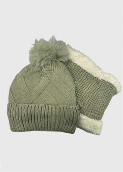Evie green scarf and pom pom hat