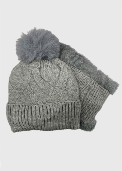 Evie grey scarf and pom pom hat