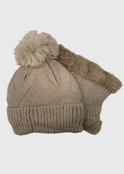 Evie dark beige scarf and pom pom hat