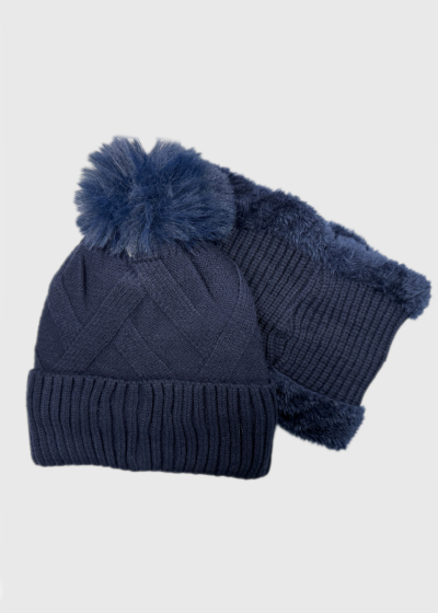 Evie dark blue scarf and pom pom hat