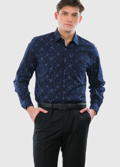 Slim Fit tumši zils vīriešu krekls ar printu