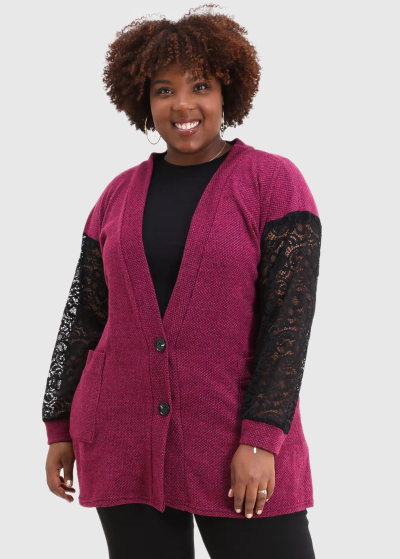 Albina Plus Size dark pink cardigan with lace inserts