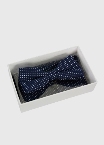 Men's dark blue polka dot bow tie and handkerchief