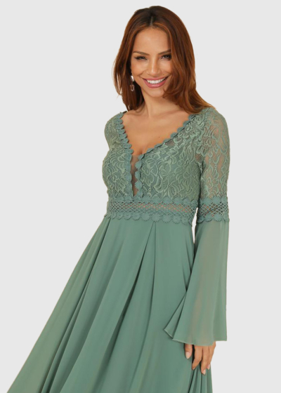 Viola green long sleeve evening dress