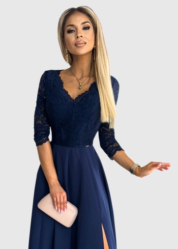 Edvige dark blue open back evening gown